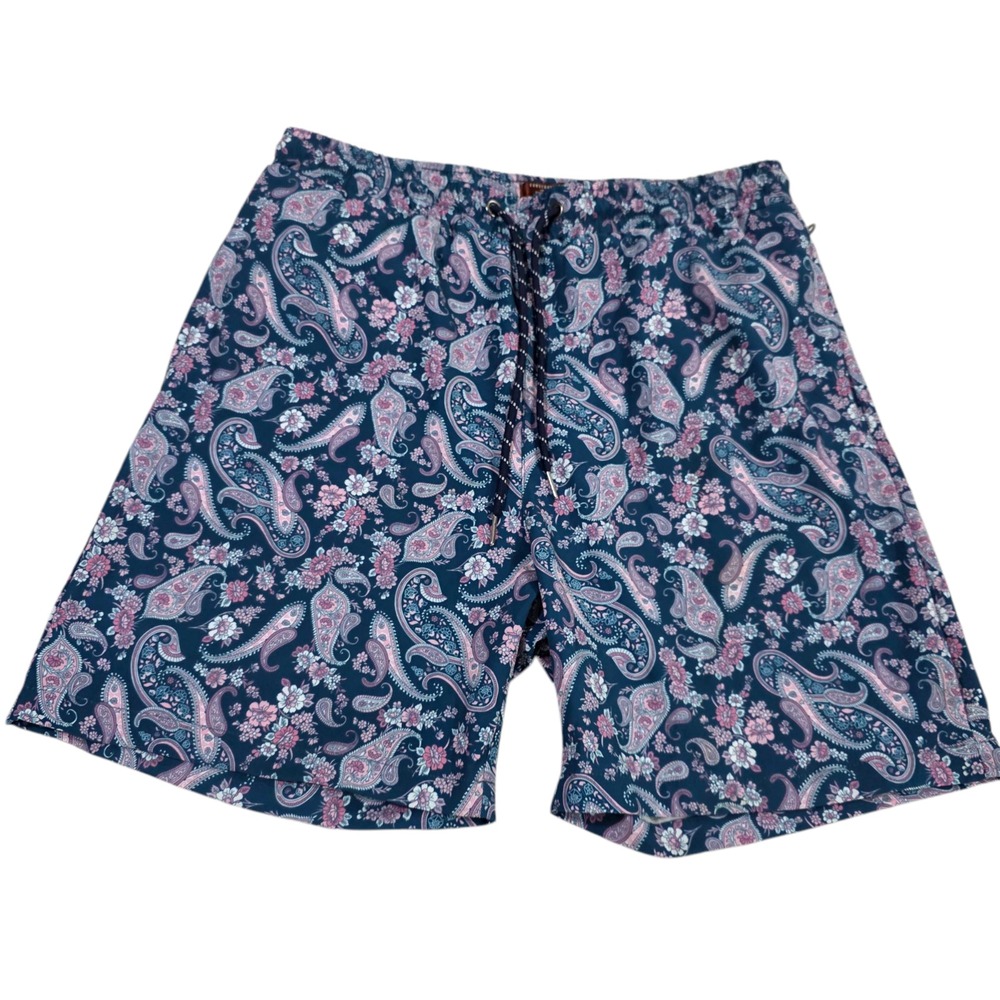 Consequence Swimming Shorts Mens Pink Blue L Elastic Waist Paisley Print Lined